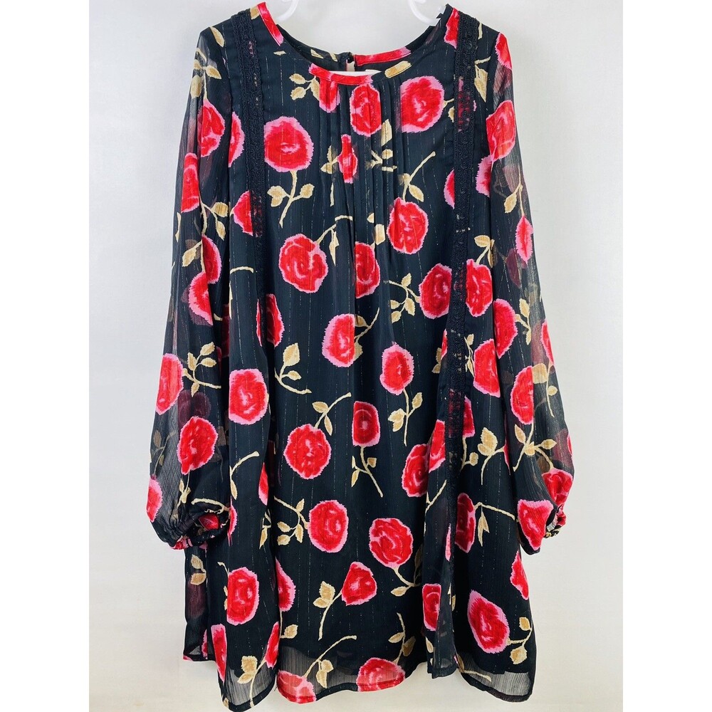 Kate Spade Girls Shift Dress Black Red Floral Keyhole Long Sleeve Lined Lace 8Y